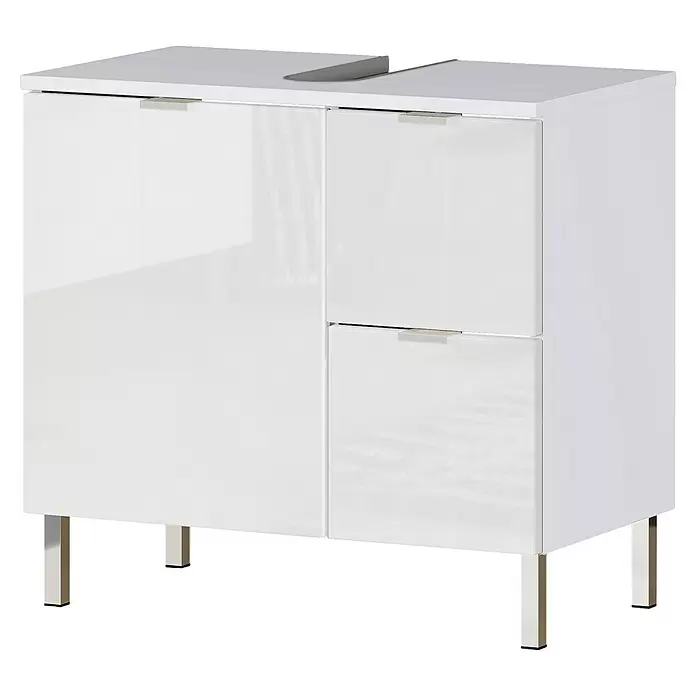 Germania Mauresa Waschtischunterschrank - B x T x H: 60 x 34 x 56 cm, Weiß, Glänzend - Weißer glänzender Badunterschrank mit einer Tür, zwei Schubladen, Chromgriffen und Chromfüßen. Die Platte hat eine Waschtischöffnung.