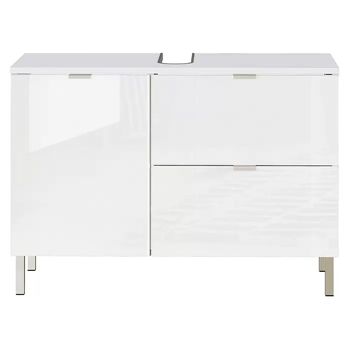 Germania Mauresa Waschtischunterschrank - B x T x H: 80 x 34 x 56 cm, Weiß, Glänzend - Weißer Waschtischunterschrank mit zwei Türen, einer Schublade, silbernen Griffen und Metallfüßen, oben mit Sinkausschnitt.