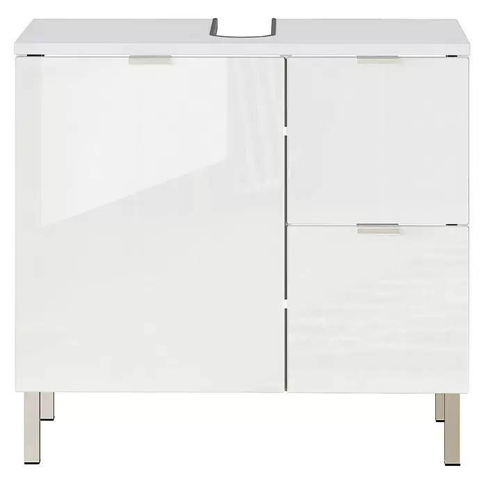 Germania Mauresa Waschtischunterschrank - B x T x H: 60 x 34 x 56 cm, Weiß, Glänzend - Weißer Badunterschrank mit einer Tür, zwei Schubladen, Spülenausschnitt und Metallfüßen.