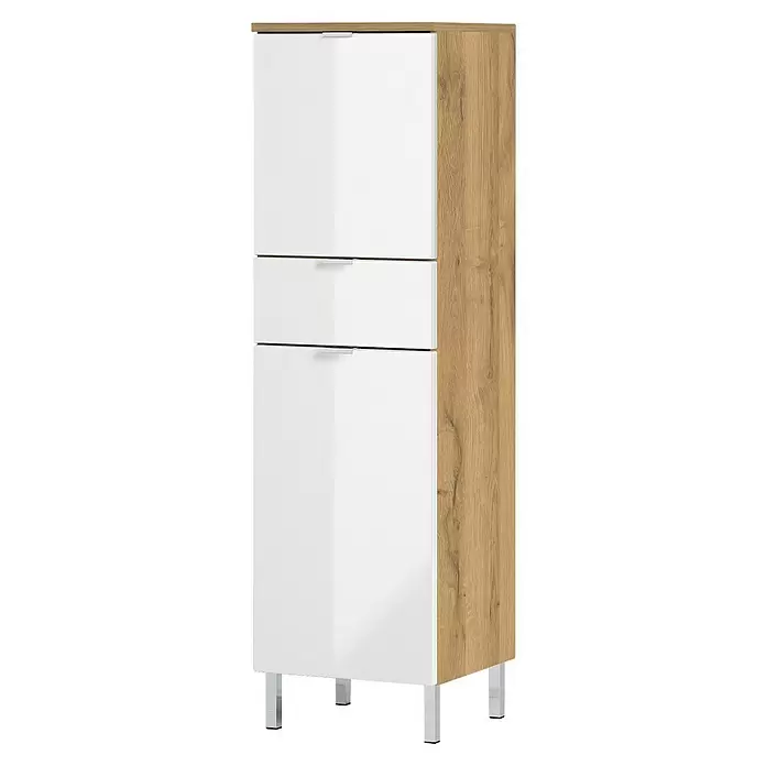 Germania Mauresa Hochschrank - B x T x H: 34 x 34 x 120 cm, Weiß/Grandson-Eiche-Nb., Glänzend - Hoher weißer und hellholzfarbener Schrank mit zwei Schubladen, einer oberen und einer unteren Tür, auf Chrombeinen.