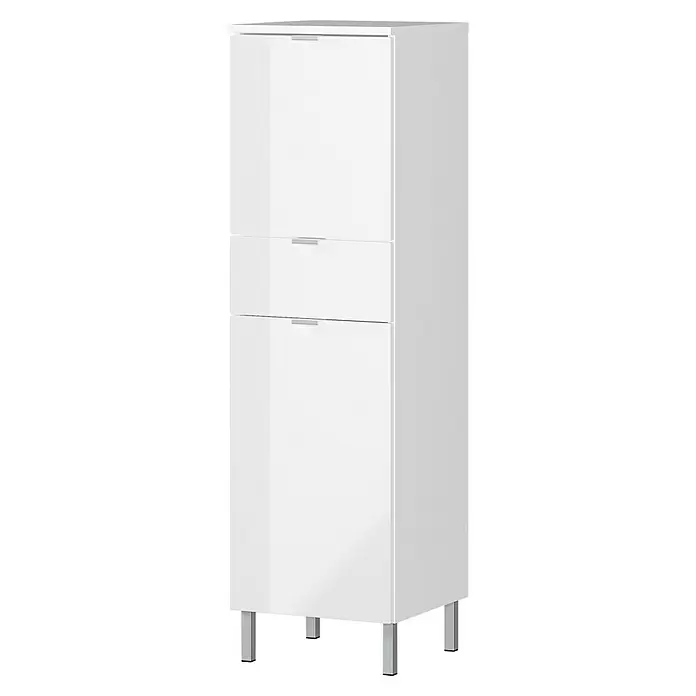 Germania Mauresa Hochschrank - B x T x H: 34 x 34 x 120 cm, Weiß, Glänzend - Weißer Hochschrank mit zwei Türen, einer Schublade und silbernen Griffen, auf silbernen Beinen.