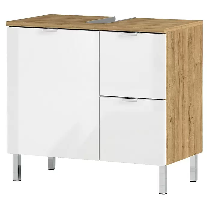 Germania Mauresa Waschtischunterschrank - B x T x H: 60 x 34 x 56 cm, Weiß/Grandson-Eiche-Nb., Glänzend - Weißer und heller Holzoptik-Waschbeckenunterschrank mit Chromgriffen und -füßen.