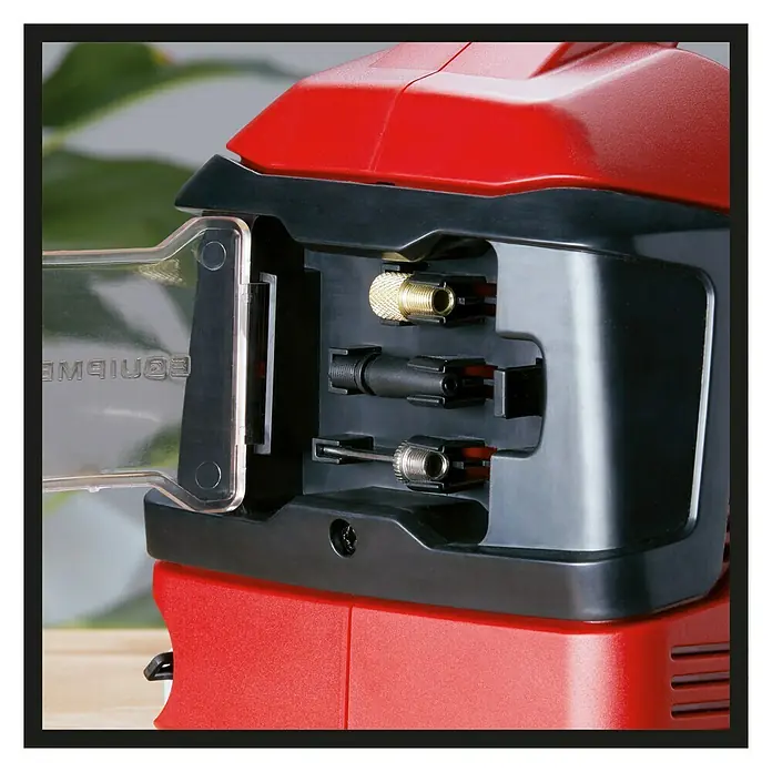 Einhell Power X-Change 18V Hybrid-Kompressor PressitoMax. Druck: 11 bar, 18 V, Ohne Akku - Detailansicht eines Einhell-Luftkompressors mit verschiedenen Aufsätzen zur Reifenbefüllung. Praktisch für unterwegs und zu Hause.