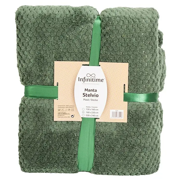 Manta para sofá Stelvio - 160 x 220 cm, Poliéster, Kaki - Primer plano de una manta suave color verde oliva Infinitime Manta Stelvio, ideal para momentos acogedores.