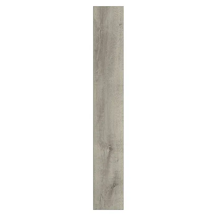 Laminado Volcano - 1.285 x 192 x 8 mm, Volcano, AC5 - Primer plano de una sola lama de vinilo gris claro con una estructura de madera pronunciada y una veta palpable para un ambiente natural.