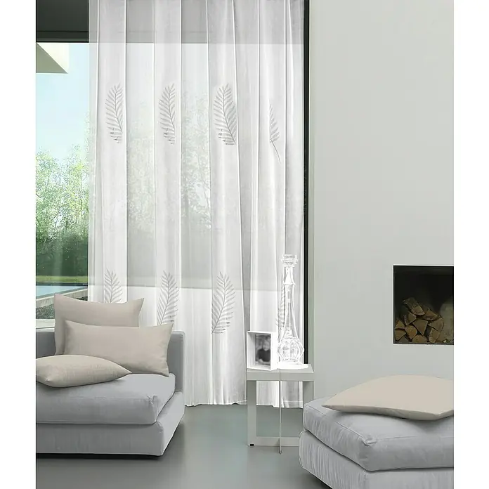 Visillo para ventana Palma - An x Al: 140 x 280 cm, 100% poliéster, Blanco - Elegantes cortinas translúcidas con delicados estampados de hojas adornan la ventana, dando un ambiente aireado a la estancia.