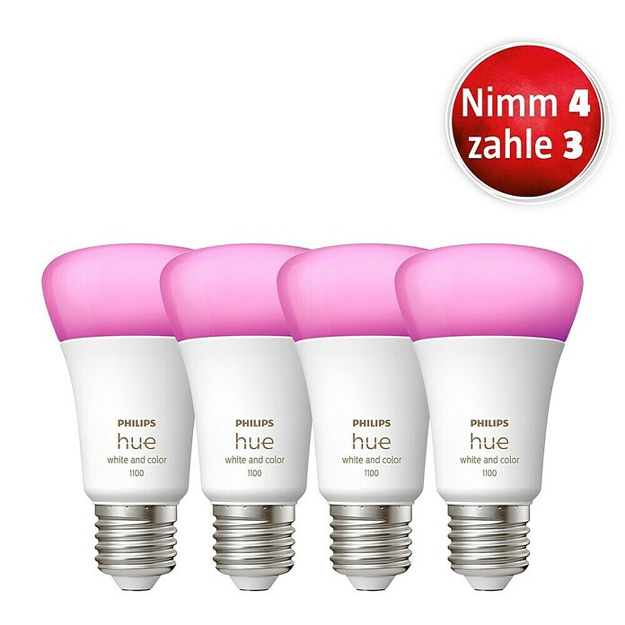 Philips Hue Set Smart LED-Lampe White & Color (E27, Dimmbar, RGBW, 1.100 lm, 9 W, 4 Stk.) | BAUHAUS