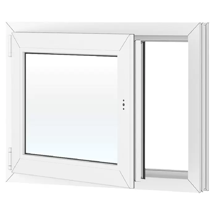 Solid Elements Kunststofffenster Basic - 80 x 60 cm, Verglasung: 2-fach, DIN Anschlag: Links, Außen: Anthrazit Sandstruktur, Innen: Weiß - Weißes PVC-Fenster, teilweise geöffnet.