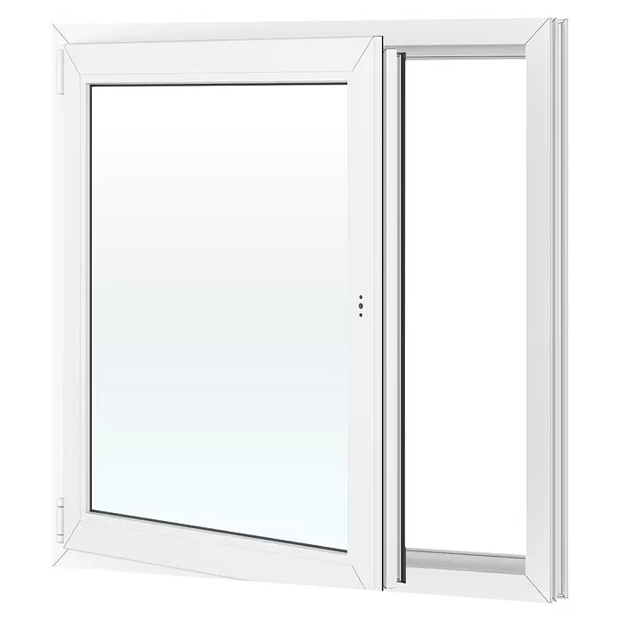 Solid Elements Kunststofffenster Basic - 100 x 100 cm, Verglasung: 2-fach, DIN Anschlag: Links, Außen: Anthrazit Sandstruktur, Innen: Weiß - Teilweise geöffnetes weißes Kunststofffenster mit klarer Scheibe und sichtbarem Rahmendetail.