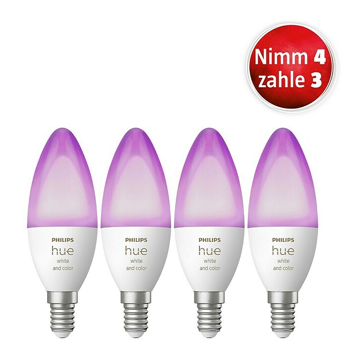 Philips Hue Set Smart LED-Lampe White & Color Ambiance (E14, Dimmbar, RGBW, 470 lm, 5,3 W, 4 Stk.) | BAUHAUS