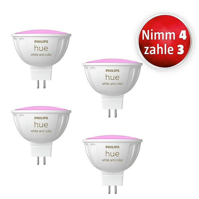 Philips Hue Set Smart LED-Lampe White & Color Ambiance MR16 (GU5,3, Dimmbar, RGBW, 350 lm, 5,1 W, 4 Stk.) | BAUHAUS