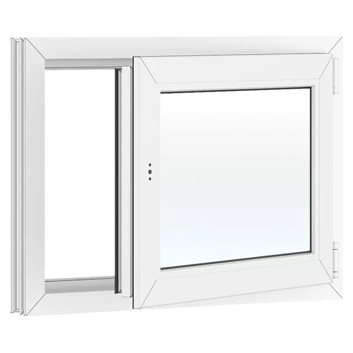 Solid Elements Kunststofffenster Basic - 80 x 60 cm, Verglasung: 2-fach, DIN Anschlag: Rechts, Außen: Anthrazit Sandstruktur, Innen: Weiß - Weißes PVC Doppelflügelfenster, ein Flügel gekippt, der andere ganz geöffnet.