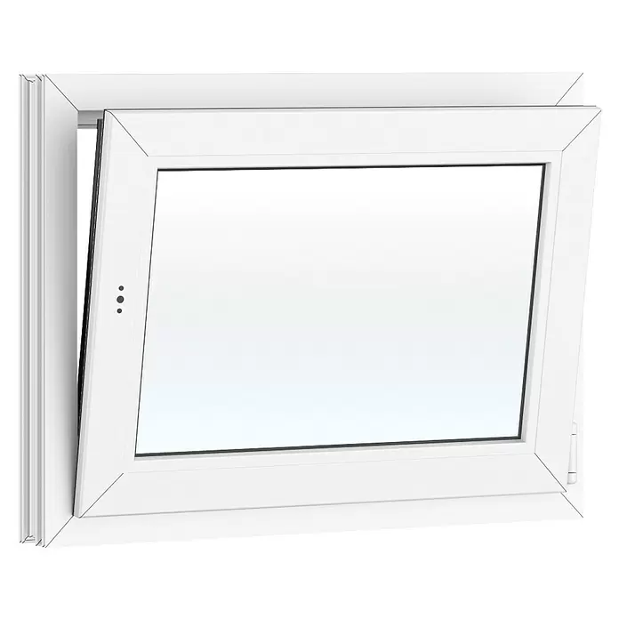 Solid Elements Kunststofffenster Basic - 80 x 60 cm, Verglasung: 2-fach, DIN Anschlag: Rechts, Außen: Anthrazit Sandstruktur, Innen: Weiß - Weißes PVC-Kipp-Schwenkfenster, oben teilweise geöffnet.