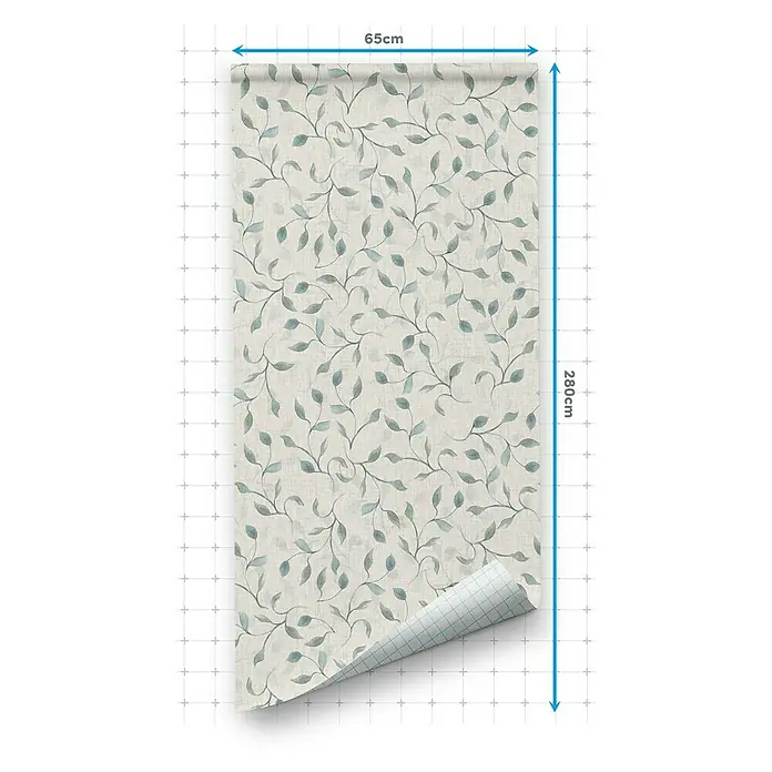 Papel pintado de vinilo autoadhesivo Madera - Blanco, L x An: 280 x 65 cm - Un rollo de papel pintado decorativo con un delicado diseño floral, perfecto para añadir un toque elegante a tus paredes. El diseño presenta hojas verdes sobre un fondo beige.