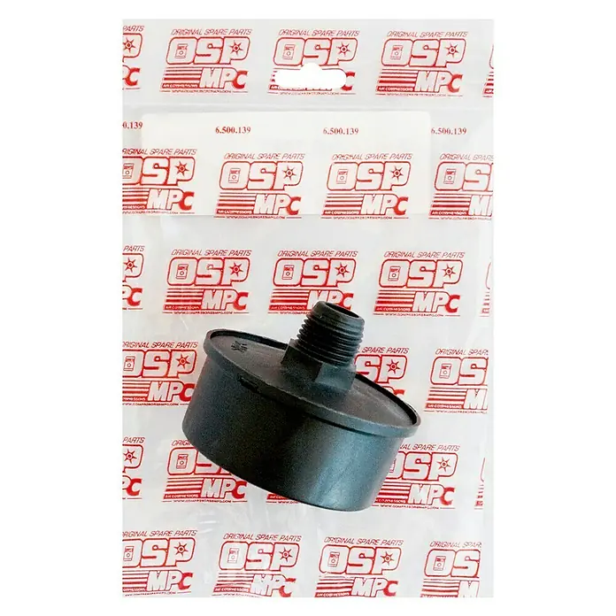 MPC Filtro de aspiración coaxial - ½″ - Filtro de repuesto negro para compresor de aire OSP MPC que se muestra en el empaque con el logotipo de OSP MPC.
