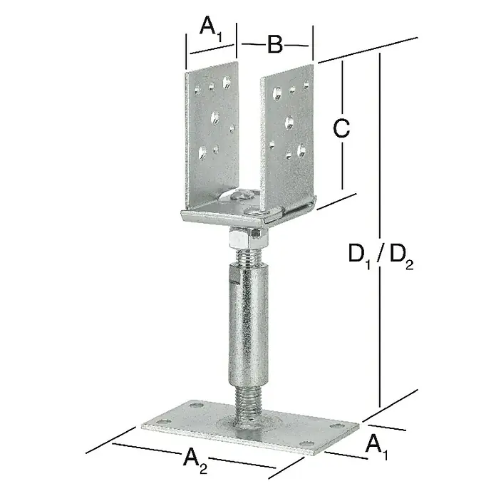 Vormann Soporte ajustable - L x An x Al: 150 x 140 x 115 mm, Acero - Imagen de una base de poste ajustable, que asegura estabilidad y adaptabilidad en proyectos de construcción. Ideal para ajustes precisos de altura.