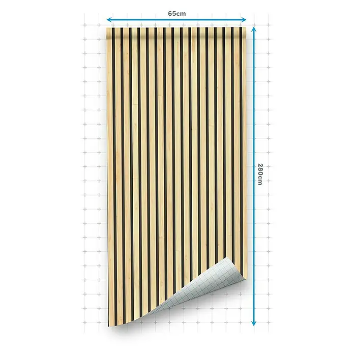 Papel pintado de vinilo autoadhesivo Listones - Marrón, L x An: 280 x 65 cm - La imagen muestra un papel pintado decorativo de paneles de madera que mide 65cm x 280cm, ideal para interiores modernos.