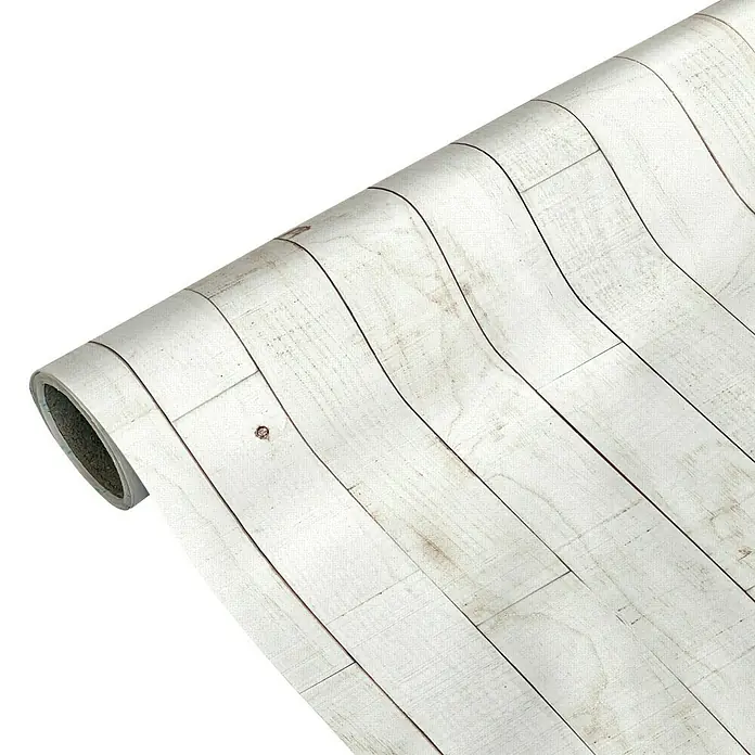 Papel pintado de vinilo autoadhesivo Madera - Blanco, L x An: 280 x 65 cm - Primer plano de un rollo de papel pintado autoadhesivo con un diseño de tablones de madera blanca para una decoración rápida y sencilla.