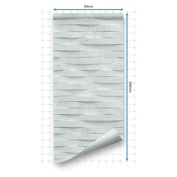 Papel pintado de vinilo autoadhesivo Carrara - Blanco, L x An: 280 x 65 cm - Imagen de un rollo de papel pintado que mide 65 cm de ancho y 280 cm de largo, mostrando un patrón de efecto piedra blanca 3D.