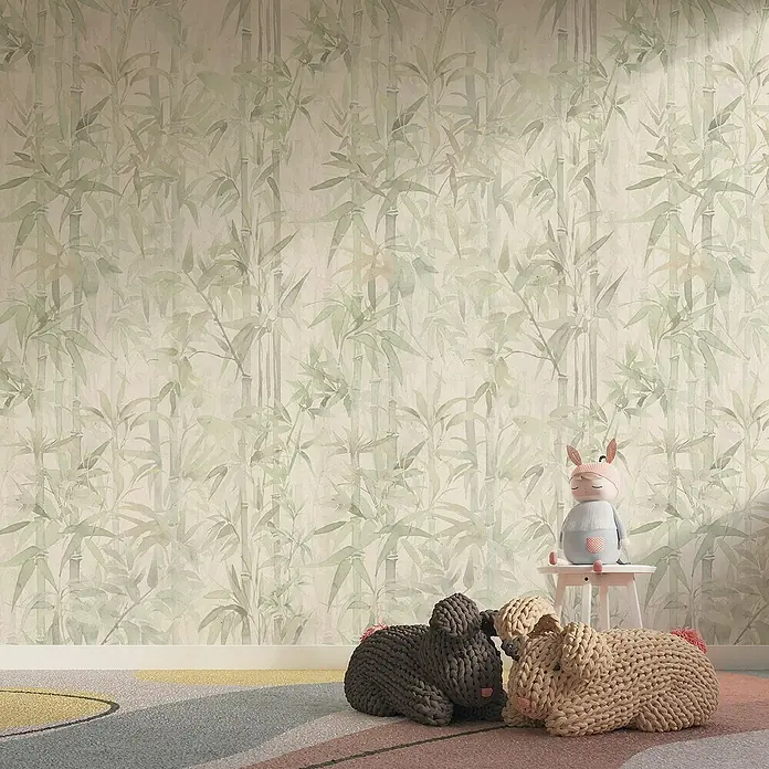 Papel pintado de vinilo autoadhesivo Bamboo - Beige/Verde, L x An: 280 x 65 cm - Los pufs de animales hechos a mano con forma de perro son un gran atractivo en la habitación de los niños. Un asiento decorativo y cómodo para los más pequeños.