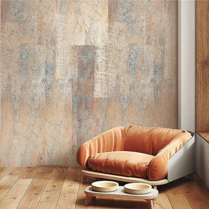 Papel pintado de vinilo autoadhesivo Atacama - Beige, L x An: 280 x 65 cm - Elegante cama naranja para perros o gatos con diseño elegante, incluyendo comederos a juego. Cómodo mobiliario para mascotas.