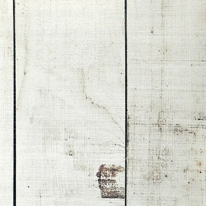 Papel pintado de vinilo autoadhesivo Madera - Blanco, L x An: 280 x 65 cm - Primer plano de una pared panelada con una textura de madera blanca, realzada con juntas oscuras y signos de desgaste para un toque rústico.