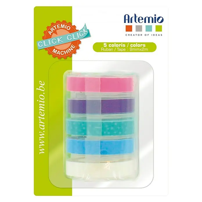 Artemio Cinta para manualidades Click Click - Multicolor, 2 m - Set creativo: Artemio Click Click Machine con 5 cintas adhesivas de colores (9mmx2m) para proyectos de manualidades.