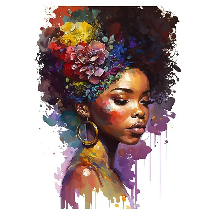 Cuadro alto brillo Mujer flores - Mujer flores, An x Al: 50 x 70 cm, 1 pzs. - Pintura a la acuarela de una joven afroamericana con flores artísticas en el cabello y aretes de oro. El estilo es vibrante y colorido.