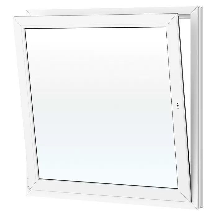 Solid Elements Kunststofffenster Basic - 120 x 120 cm, Verglasung: 2-fach, DIN Anschlag: Links, Außen: Anthrazit Sandstruktur, Innen: Weiß - Weißes PVC-Kipp-Drehfenster, leicht schräg geöffnet.