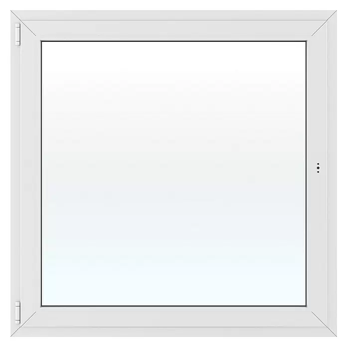 Solid Elements Kunststofffenster Basic - 120 x 120 cm, Verglasung: 2-fach, DIN Anschlag: Links, Außen: Anthrazit Sandstruktur, Innen: Weiß - Weißes quadratisches Fenster mit modernem Rahmen, Scharnieren links und Verschluss rechts.