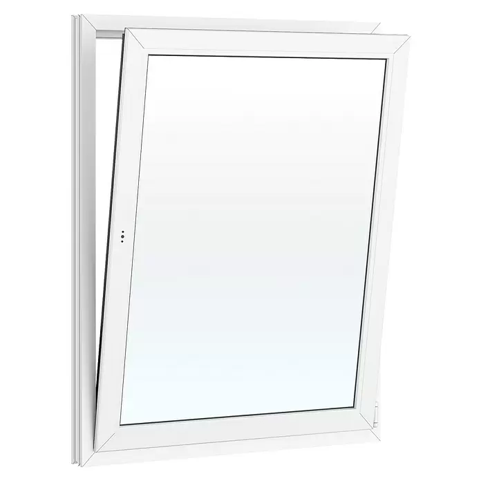 Solid Elements Kunststofffenster Basic - 105 x 135 cm, Verglasung: 2-fach, DIN Anschlag: Rechts, Außen: Anthrazit Sandstruktur, Innen: Weiß - Weißes Kipp-Dreh-Fenster, teilweise geöffnet, mit Klarglas.