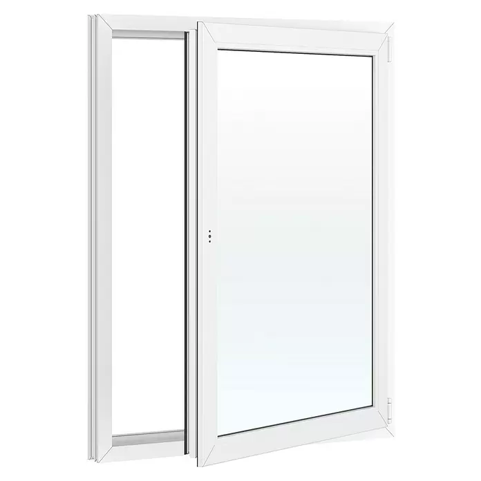 Solid Elements Kunststofffenster Basic - 105 x 135 cm, Verglasung: 2-fach, DIN Anschlag: Rechts, Außen: Anthrazit Sandstruktur, Innen: Weiß - Weiße PVC-Schiebetür mit einem leicht geöffneten Flügel.