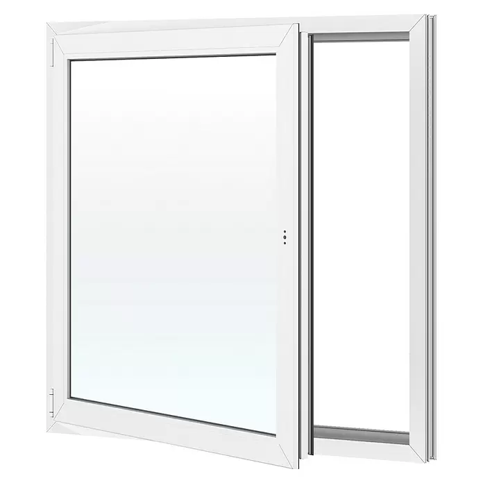Solid Elements Kunststofffenster Basic - 120 x 120 cm, Verglasung: 2-fach, DIN Anschlag: Links, Außen: Anthrazit Sandstruktur, Innen: Weiß - Teilweise geöffneter weißer Kunststofffensterrahmen.