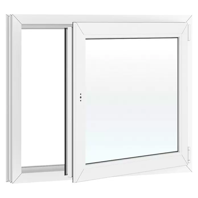 Solid Elements Kunststofffenster Basic - 100 x 80 cm, Verglasung: 2-fach, DIN Anschlag: Rechts, Außen: Anthrazit Sandstruktur, Innen: Weiß - Weißes PVC Dreh-Kipp-Fenster, teilweise geöffnet.