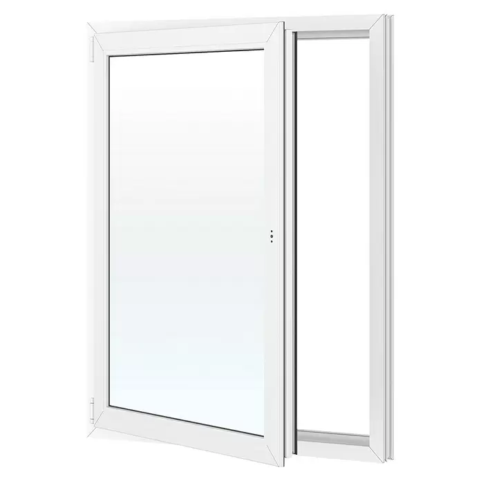Solid Elements Kunststofffenster Basic - 105 x 135 cm, Verglasung: 2-fach, DIN Anschlag: Links, Außen: Anthrazit Sandstruktur, Innen: Weiß - Teilweise geöffneter weißer Fensterrahmen.
