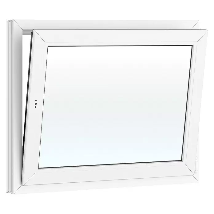 Solid Elements Kunststofffenster Basic - 100 x 80 cm, Verglasung: 2-fach, DIN Anschlag: Rechts, Außen: Anthrazit Sandstruktur, Innen: Weiß - Weißes Kipp-Dreh-Fenster, leicht geöffnet, zeigt seinen Mechanismus.