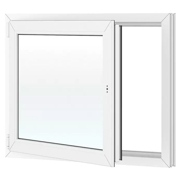 Solid Elements Kunststofffenster Basic - 100 x 80 cm, Verglasung: 2-fach, DIN Anschlag: Links, Außen: Anthrazit Sandstruktur, Innen: Weiß - Weißes Fenster mit PVC-Rahmen, teilweise geöffnet.