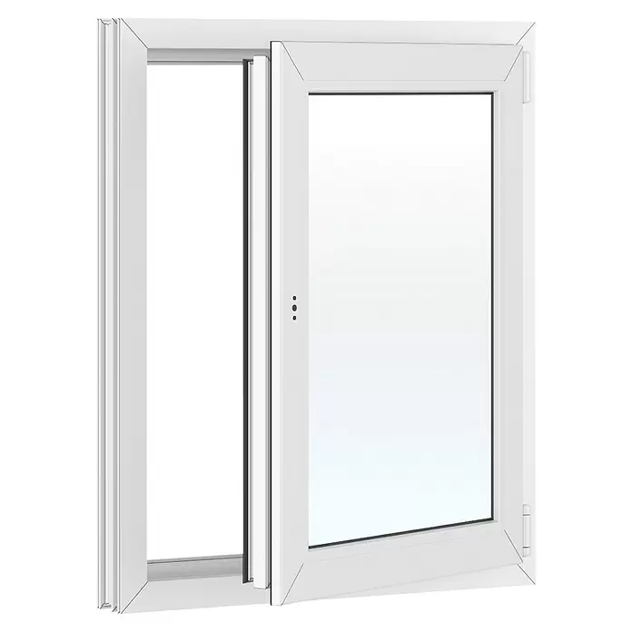 Solid Elements Kunststofffenster New Basic - 75 x 90 cm, Verglasung: 2-fach, DIN Anschlag: Rechts, Weiß - Weißes PVC-Dreh-Kipp-Fenster mit Klarglas, teilweise geöffnet.