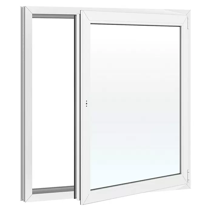 Solid Elements Kunststofffenster Basic - 120 x 120 cm, Verglasung: 2-fach, DIN Anschlag: Rechts, Außen: Anthrazit Sandstruktur, Innen: Weiß - Teilweise geöffnetes weißes PVC-Fenster mit Kippflügel.