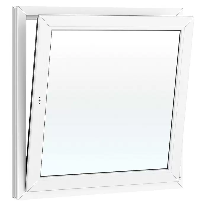 Solid Elements Kunststofffenster Basic - 100 x 100 cm, Verglasung: 2-fach, DIN Anschlag: Rechts, Außen: Anthrazit Sandstruktur, Innen: Weiß - Teilweise geöffnetes weißes PVC-Kipp-Dreh-Fenster.