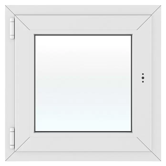 Solid Elements Kunststofffenster New Basic - 60 x 60 cm, Verglasung: 3-fach, DIN Anschlag: Links, Weiß - Weißer PVC-Fensterrahmen mit Klarglas, sichtbaren Scharnieren links und Griffmechanismus rechts.