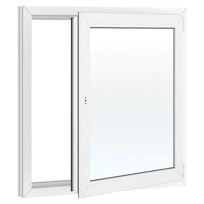 Solid Elements Kunststofffenster Basic - 100 x 100 cm, Verglasung: 2-fach, DIN Anschlag: Rechts, Außen: Anthrazit Sandstruktur, Innen: Weiß - Weißes PVC-Drehkippfenster, teilweise geöffnet.