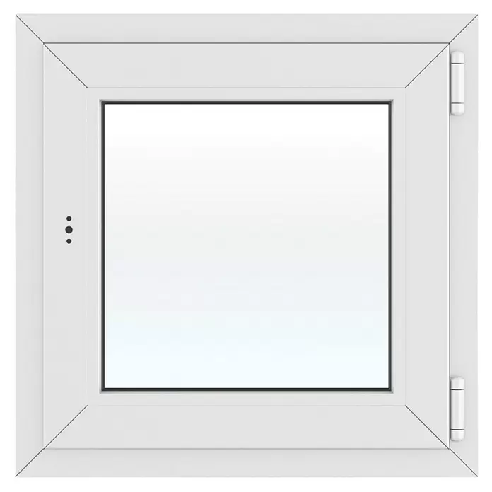 Solid Elements Kunststofffenster New Basic - 60 x 60 cm, Verglasung: 3-fach, DIN Anschlag: Rechts, Weiß - Quadratisches weißes Fenster mit Klarglasscheibe, Scharnieren rechts und Verriegelungsmechanismus links.