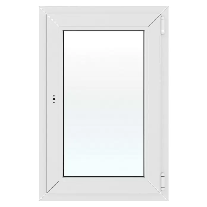 Solid Elements Kunststofffenster New Basic - 60 x 90 cm, Verglasung: 2-fach, DIN Anschlag: Rechts, Weiß - Weißer Fensterrahmen mit Glas und sichtbaren Scharnieren.