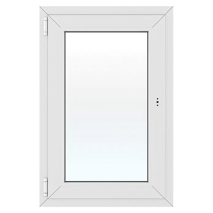 Solid Elements Kunststofffenster New Basic - 60 x 90 cm, Verglasung: 3-fach, DIN Anschlag: Links, Weiß - Geschlossenes weißes PVC-Fenster mit Scharnieren links und Griffmulden rechts.
