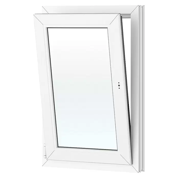 Solid Elements Kunststofffenster New Basic - 60 x 90 cm, Verglasung: 3-fach, DIN Anschlag: Links, Weiß - Weißes Kunststofffenster, teilweise geöffnet und nach innen gekippt, mit Glas und Rahmen.