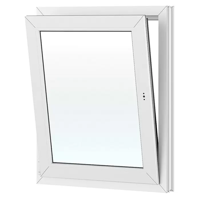 Solid Elements Kunststofffenster New Basic - 75 x 90 cm, Verglasung: 3-fach, DIN Anschlag: Links, Weiß - Weißes PVC-Kipp-Drehfenster, im Kippmodus teilweise geöffnet.