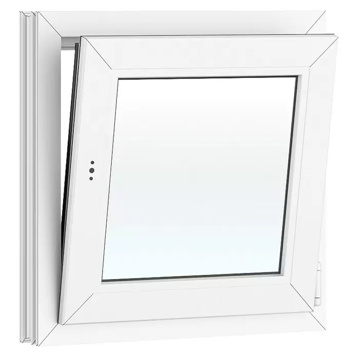Solid Elements Kunststofffenster New Basic - 60 x 60 cm, Verglasung: 2-fach, DIN Anschlag: Rechts, Weiß - Weißes PVC Kipp-Dreh-Fenster, teilweise in Kippstellung geöffnet.