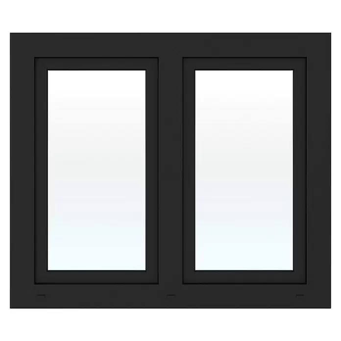 Solid Elements Kunststofffenster Basic - 150 x 110 cm, Verglasung: 3-fach, DIN Anschlag: Links/Rechts, Außen: Anthrazit Sandstruktur, Innen: Weiß - Schwarzes zweiflügeliges Fenster.