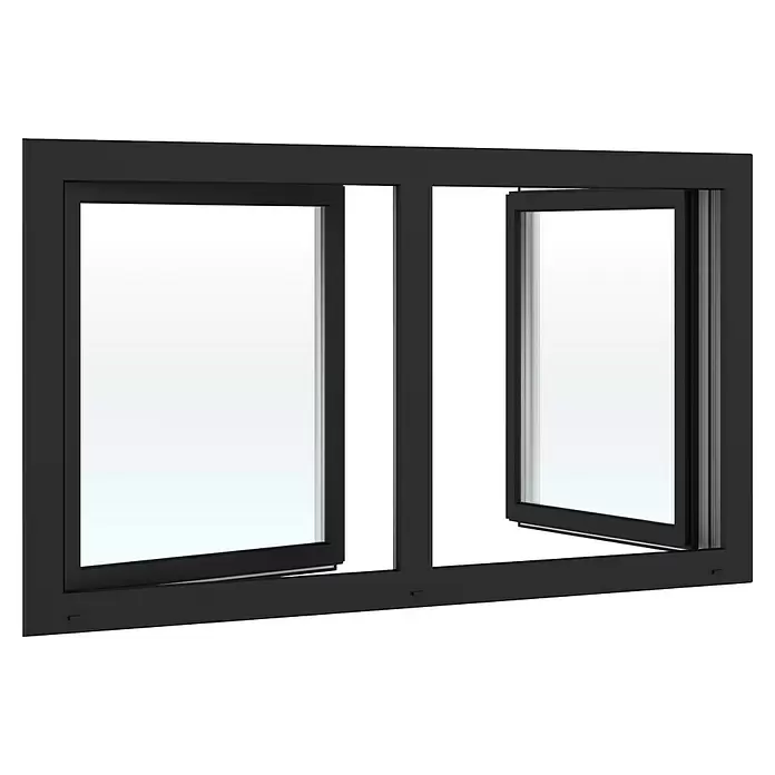 Solid Elements Kunststofffenster Basic - 200 x 110 cm, Verglasung: 3-fach, DIN Anschlag: Links/Rechts, Außen: Anthrazit Sandstruktur, Innen: Weiß - Schwarz gerahmtes Fenster mit zwei Flügeln, einer geschlossen, einer gekippt.
